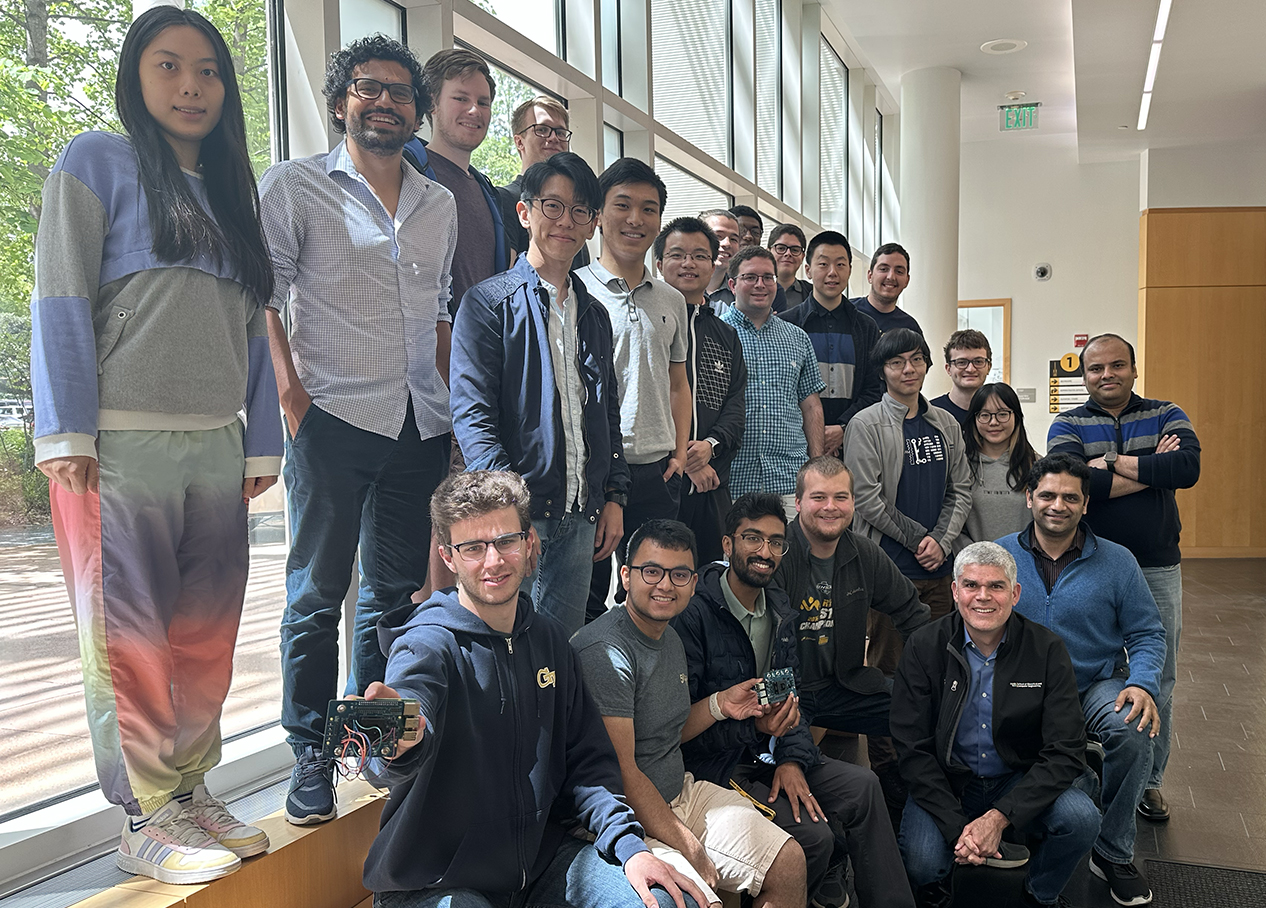 A photo of the inaugural cohort of ECE 4804 VLSI Design: Theory to Tapeout. Fernando Mujica, Visvesh Sathe, and Arijit Raychowdhury pictured to the far right (from bottom to top respectively).