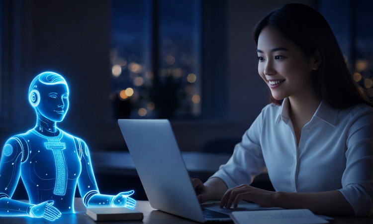 AI image of a students student at a laptop with a humanoid robot helping.