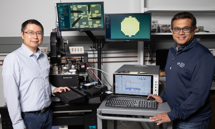 Shimeng Yu (left) and Suman Datta are building the next generation of computing hardware. Datta is building high-performance transistors at much lower temperatures, allowing them to be stacked vertically on a chip. Yu is reimagining computer memory design to improve performance.