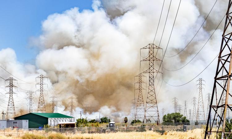 Smoke cloud rising from a brush wildfire burning in East San Francisco Bay Area, California