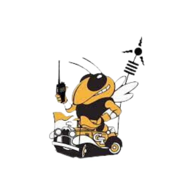 ECE Amateur Radio Club Logo of Buzz Driving the Ramblin Wreck with an Antenna 