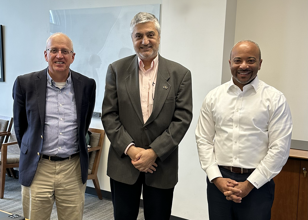 Bill Dally, Executive Vice President of Research Chaouki Abdallah, and College of Engineering Dean Raheem Beyah