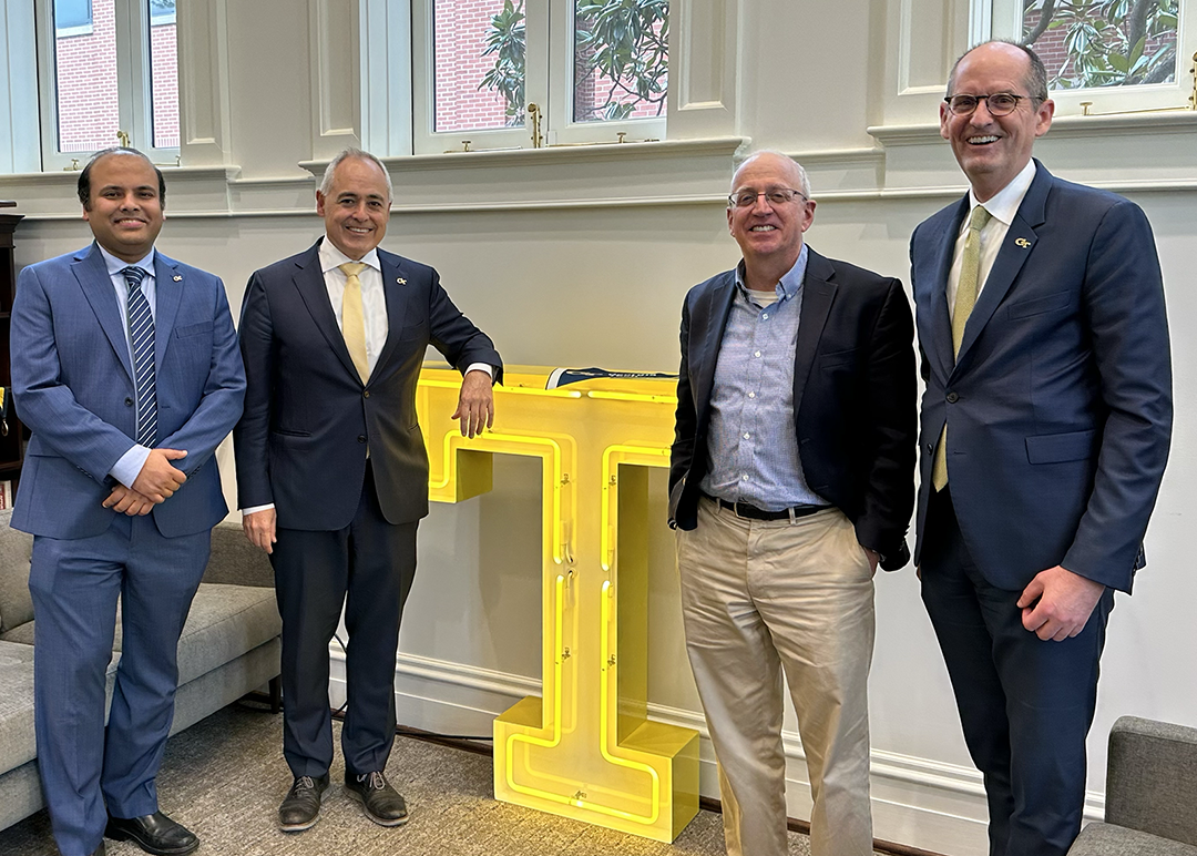  Chair of ECE Arijit Raychowdhury, President Àngel Cabrera, Bill Dally, and Provost Steve McLaughlin.