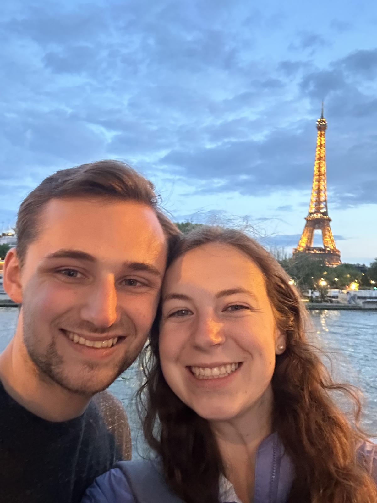 Wolfe after a river cruise along the Seine with the Eiffel Tower as the backdrop