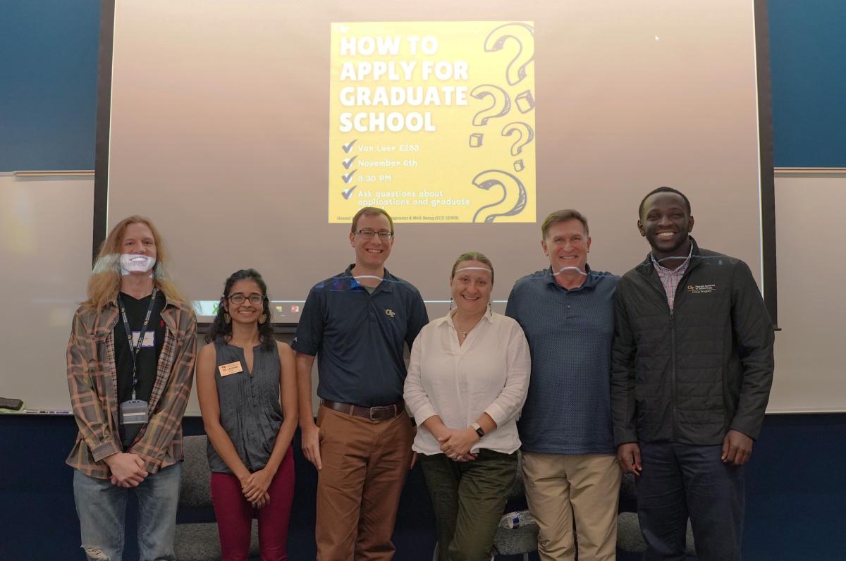 GSO leaders and the faculty panel. Pictured (L-R): Carver, Raju, Molzahn, Staiculescu, Mihalik, and Asiamah.