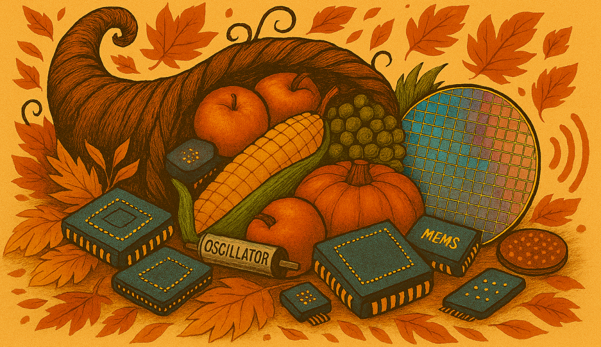 Illustrated cornucopia featuring traditional thanksgiving food items and modern tech
