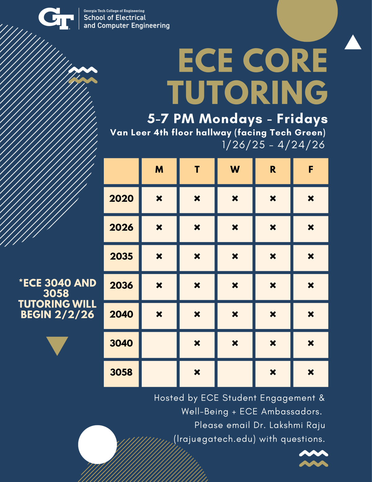 ECE Tutoring Schedule Spring 2026
