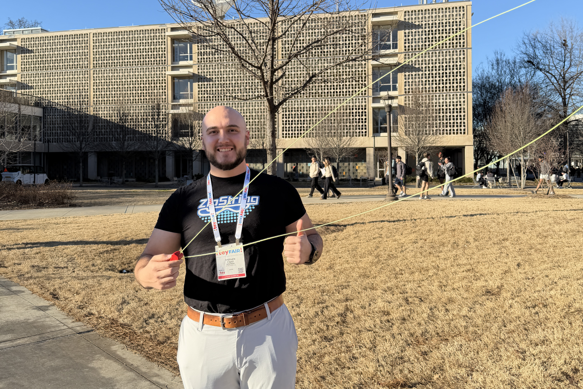 Fazio outside the Van Leer Building during a brief return to campus for finals between toy industry events.