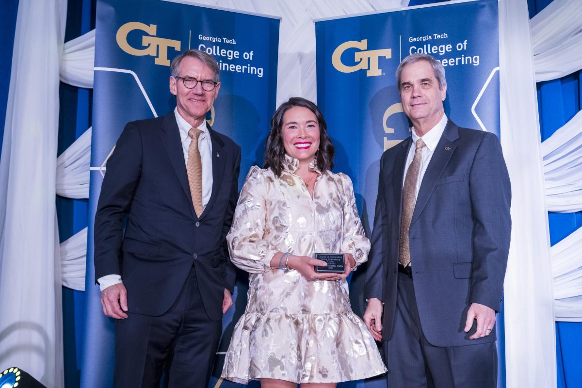 Laura Kitashima Giglio with Interim Dean Doug Williams at the 2026 College of Engineering Alumni Awards Induction Ceremony.