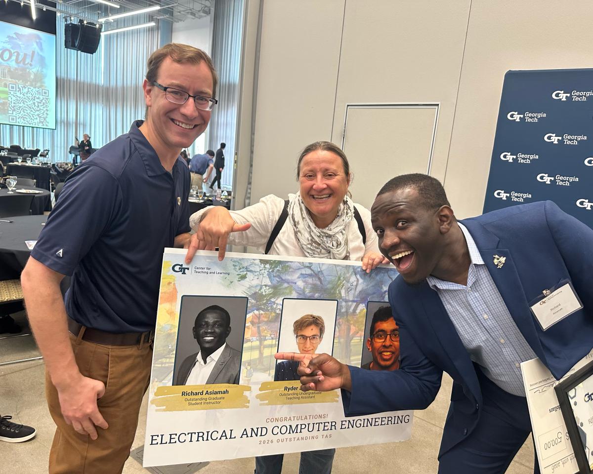At this year’s TA and Future Faculty Awards Day with his research advisor Dan Molzahn and Daniela Staiculescu, who nominated him for the award. 