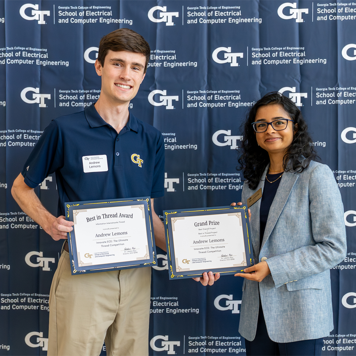 Andrew Lemmons poses with his Grand Prize and Best in Thread awards alongside Lakshmi Raju, who organized the Innovate ECE Challenge.