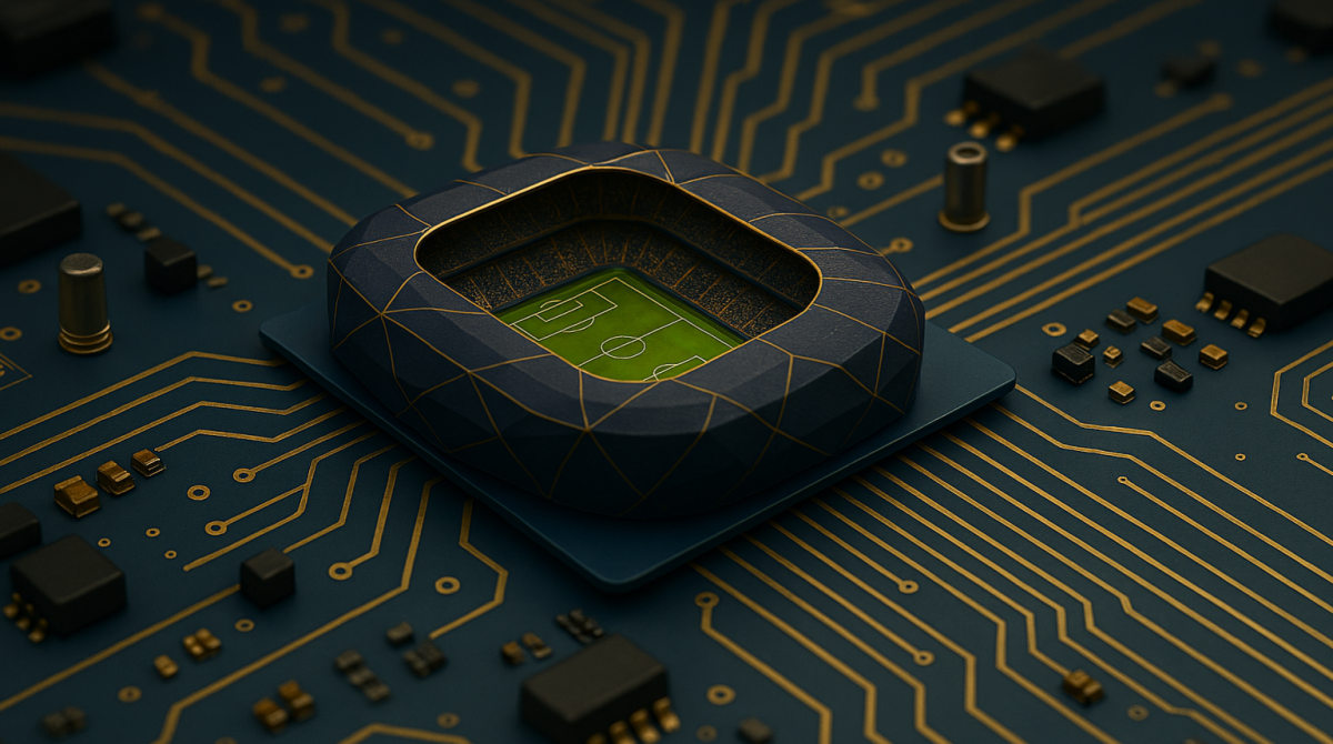 AI image of a stadium that looks like it's built into a microchip