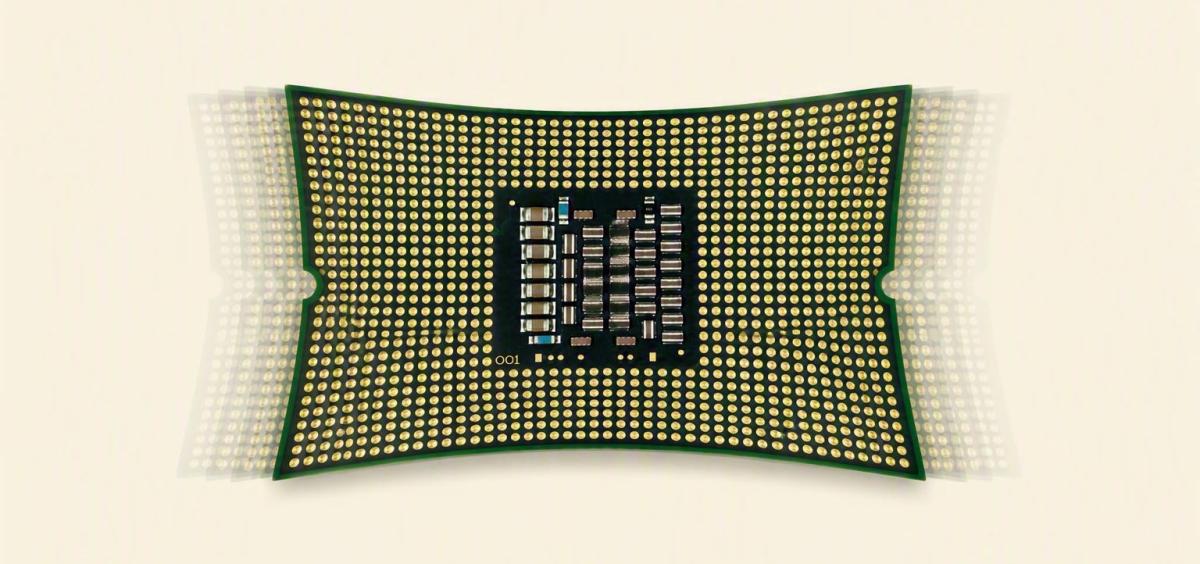 A realistic looking chip graphic altered by a computer to look like it's being pulled and vibrating