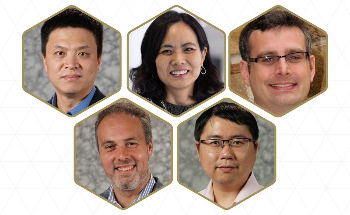 Graphic of with headshots of this year's Georgia Tech IEEE Fellows. Top row (L-R): Fumin Zhang, Hyesoon Kim, Greg Durbin. Bottom row (L-R): Omer Inan, Shimeng You
