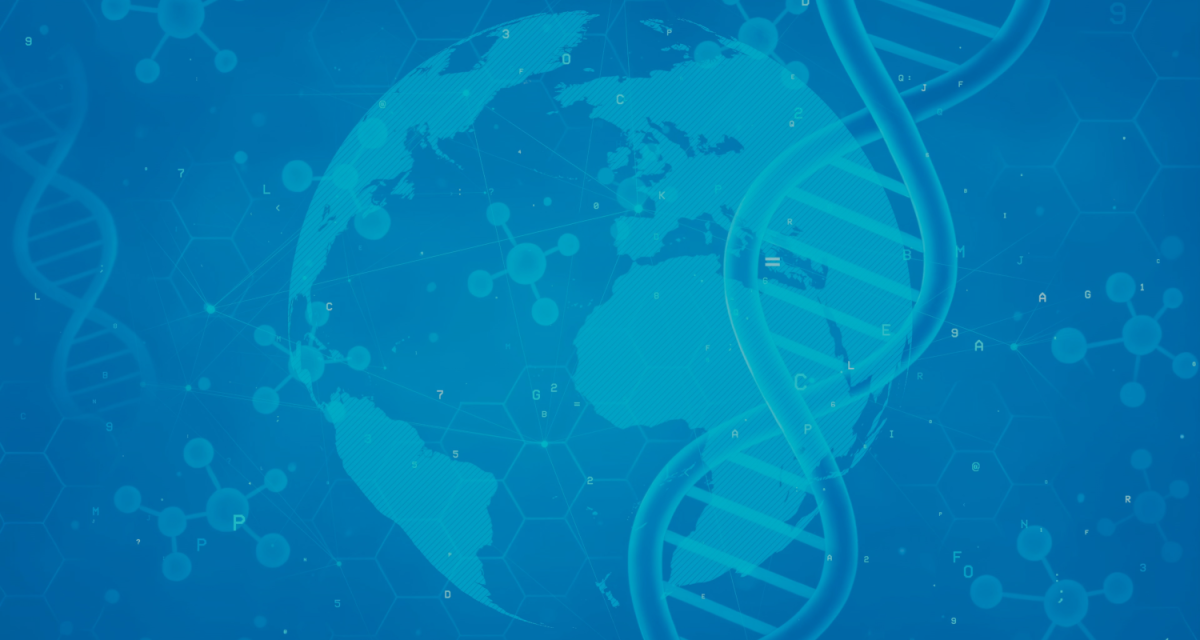 A visual graphic of Earth with DNA and chemical compound symbols over it