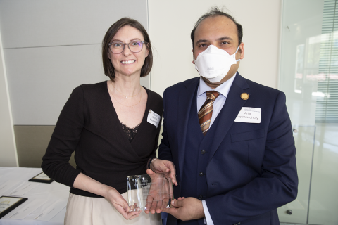 Anna Holcomb, Academic Spotlight Award, 2022 Roger P. Webb Awards Program. Pictured with Arijit Raychowdhury, Steve W. Chaddick School Chair.