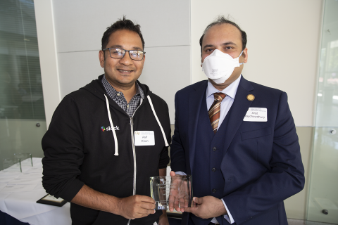 Asif Khan, Outstanding Junior Faculty Member Award, 2022 Roger P. Webb Awards Program. Pictured with Arijit Raychowdhury, Steve W. Chaddick School Chair.