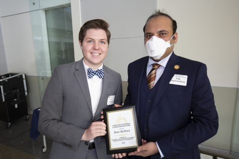 Bain McHale, Computer Engineering Junior Scholar Award, 2022 Roger P. Webb Awards Program. Pictured with Arijit Raychowdhury, Steve W. Chaddick School Chair.