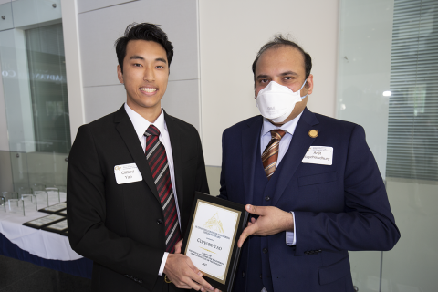 Clifford Yao, Outstanding Computer Engineering Sophomore Award, 2022 Roger P. Webb Awards Program. Pictured with Arijit Raychowdhury, Steve W. Chaddick School Chair.