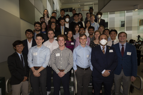 ECE Senior Scholars Awardees, 2022 Roger P. Webb Awards Program. Pictured with Arijit Raychowdhury, Steve W. Chaddick School Chair.