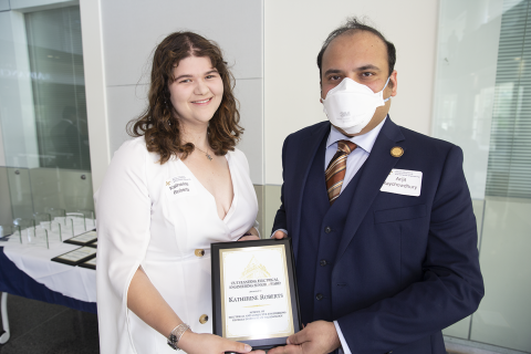 Katherine Roberts, Outstanding Electrical Engineering Senior Award, 2022 Roger P. Webb Awards Program. Pictured with Arijit Raychowdhury, Steve W. Chaddick School Chair.