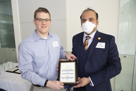 Landon Ballard, ECE Graduate Teaching Assistant Excellence Award, 2022 Roger P. Webb Awards Program. Pictured with Arijit Raychowdhury, Steve W. Chaddick School Chair.