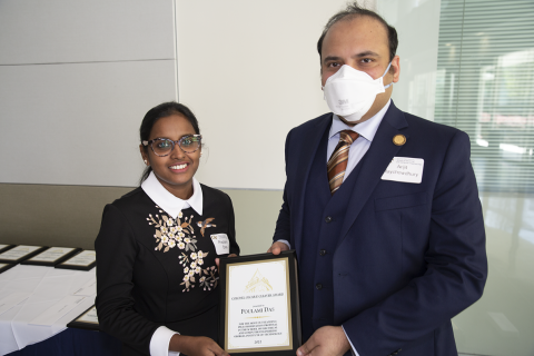 Poulami Das, Colonel Oscar P. Cleaver Award, 2022 Roger P. Webb Awards Program. Pictured with Arijit Raychowdhury, Steve W. Chaddick School Chair.