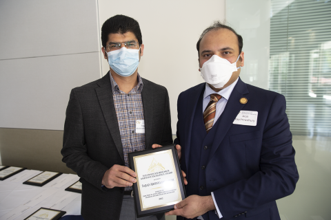 Sajjad Abodollahramezni, ECE Graduate Research Assistant Excellence Award, 2022 Roger P. Webb Awards Program. Pictured with Arijit Raychowdhury, Steve W. Chaddick School Chair.