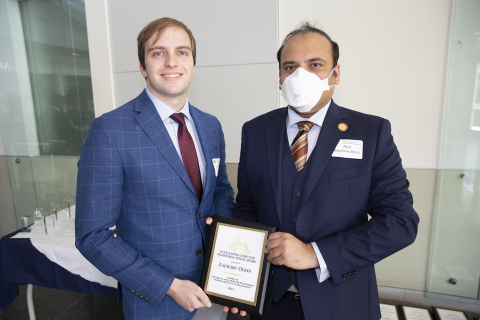 Zachary Olkin, Outstanding Computer Engineering Senior Award, 2022 Roger P. Webb Awards Program. Pictured with Arijit Raychowdhury, Steve W. Chaddick School Chair.