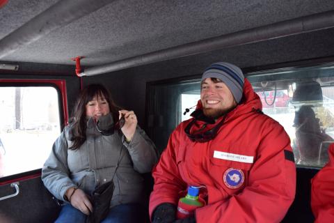 In a Pisten Bully used to transport equiptment to the field - Britney Schmidt, Anthony Spears.