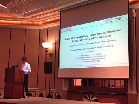 ECE Ph.D. student Gukyeong Kwon presents the paper coauthored by a team of Multimedia and Sensors Lab researchers at the 2017 IEEE International Conference on Multimedia and Expo.