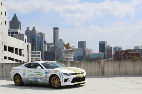 Georgia Tech EcoCAR 3 pictured against the Atlanta skyline