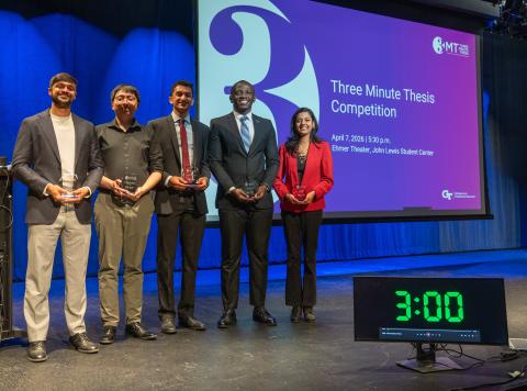From left to right, Assistant Vice Provost, Jana Stone, winners Shehan Parmar, Jinchu Li, Hari Sridhara, Richard Asiamah, Shreya Kothari, and Vice Provost Bonnie Ferri 