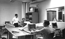 ECE DSP group circa 1977-1978 - Thomas P. Barnwell (foreground) and Russell M. Mersereau and Ronald W. Schafer in background